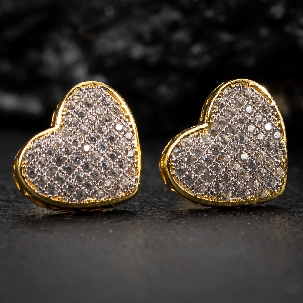 Large Yellow Gold 925 Sterling Silver Micro Pave Women's Cz Heart Stud Earrings